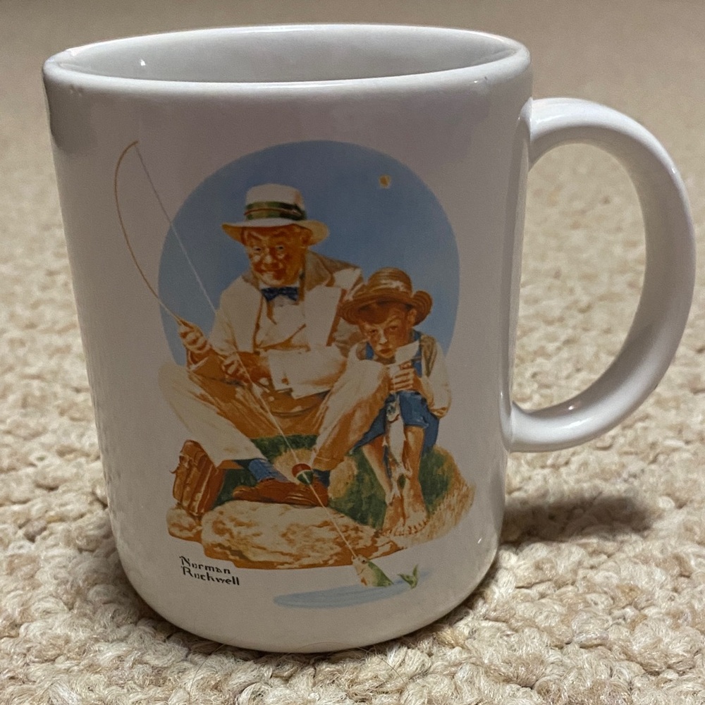 Norman Rockwell Fishing Scene “catching the big one” 1987 vintage coffee mug